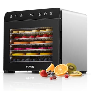 FOHERE Deshydrateur Alimentaire avec 8 Plateaux en Inox, Contrôle Tactile LED, Déshydrateur avec Minuterie 48h et Température 35-75°C, pour Fruits, Légumes, Viande, Jerky, Herbes, Snacks Pour Animaux