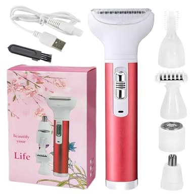 Epilateur Electrique Femme 5 en 1,épilateur Indolore USB Rechargeable avec 4 Attachements Détachables,Tondeuse Femme Indolore les Bras, les Jambes, les Aisselles, le Maillot et Plus Encore