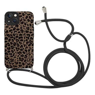 Xylota Coque pour iPhone 15 6,1'' avec Cordon, Aesthetic Motif Etui avec Réglable Collier Corde, Silicone Caméra Protection Portable Lanyard Antichoc Housse Bumper Case pour iPhone 15, Léopard 01