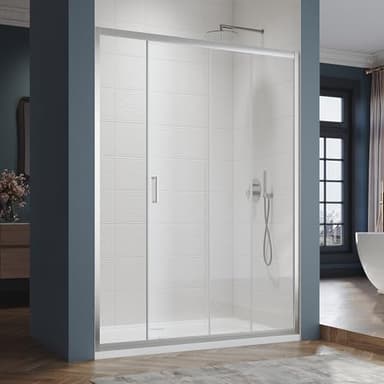SIRHONA Cabine de douche Coulissante 140 x 185 cm Paroi de douche Transparent coulissante verre sécurit 5mm, Facile à nettoyer, blanc argenté