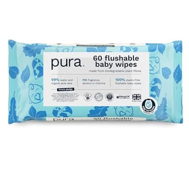 Pura Lingettes Bébé Jetables, 70 Lingettes (1x Paquet), 99% D'eau, 100% Sans Plastique, Sans Parfum pour Peaux Sensibles, Aloe Vera, Végétalien