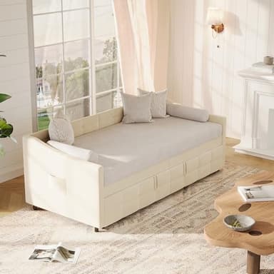 Canapé Lit 2 Places Convertible, 90 x 200 cm, Canapé-lit Rembourré avec Sommier à Lattes, Lit Gigogne 2 Places, Lits Double en Velours, sans Matelas (Beige-D)