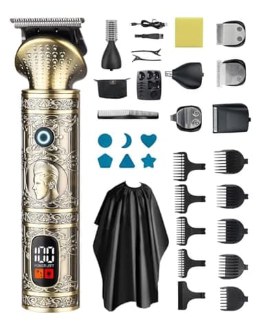 Tondeuse Barbe Homme Professionnelle 7 en 1, Tondeuse Cheveux Sans Fil Étanche avec Lame en T, Écran LED, USB-C Charge Rapide, Kit Tondeuse Corps & Visage, Idée Cadeau Rasoir Homme