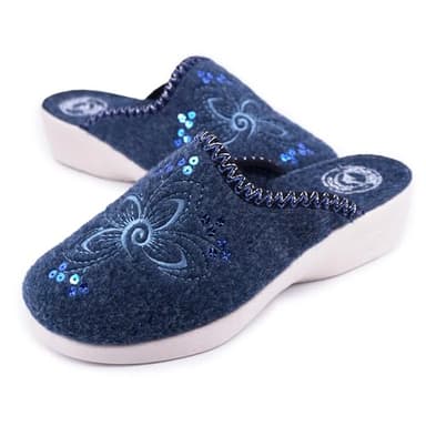 JOMIX Chaussons Femme Hiver en Feutre avec Broderie et Paillettes Chauds et Légers Antidérapants avec Semelle Compensée Pantoufles Mule Confort pour la Maison Orthopédique pour Seniors ITD2431 Bleu 38