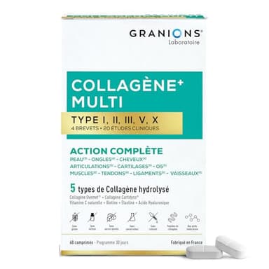 Collagene MULTI -5 Types de Collagène- GRANIONS Collagène N°1 en Pharmacies - Fermeté De La Peau - Collagene Marin Poudre - Collagene Marin + Vitamine C - 20 Études Cliniques -60 comprimés