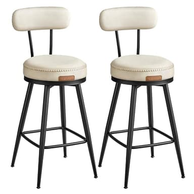 VASAGLE EKHO Collection - Tabouret de Bar Pivotant à 360°, Lot de 2, pour Cuisine, Rembourré, Dossier, PU avec Coutures, Style Moderne Mi-siècle, Hauteur 65 cm, Bar, Blanc Crème LBC089W01