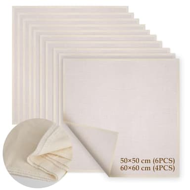 10 Pièces Étamine Alimentaire Filtrant Tissu en Coton Non Blanchi Mousseline, 6 Pièces (50 x 50 cm) + 4 Pièces (60 x 60 cm), Lavable Réutilisable Grade 100 pour Filtrer Vin Tofu Fromage