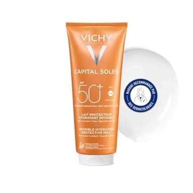 Vichy, Capital Soleil, Lait Solaire Hydratant SPF50+, Visage et Corps, Résiste à l'Eau, Protection Très Large Spectre UVA et UVB, Tous Types de Peau, 300 ml