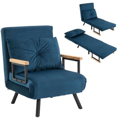 HOMCOM Fauteuil Convertible 1 Place, Fauteuil-lit chauffeuse 3 en 1 avec Dossier réglable 5 Positions, Oreiller, siège rembourré, Tissu Aspect Velours, canapé-lit pour invités, Salon, Bureau, Bleu