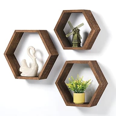 YBING Lot de 3 étagères murales hexagonales flottantes en bois en nid d'abeilles,Étagère murale hexagonale en nid d'abeilles,Étagère murale,Rangement en nid d'abeille, chambre à coucher,Marron clair