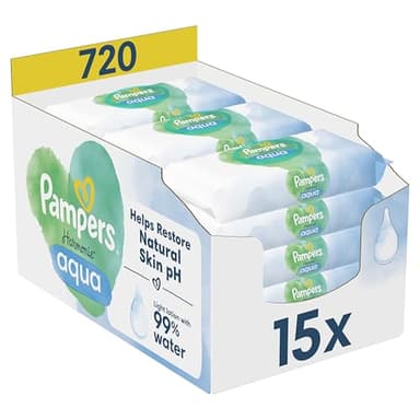 Pampers Harmonie Aqua, 720 Lingettes pour Bébé (15x48), Sans Platisque, Certifié OEKO-TEX, Protection De La Peau Délicate Avec 99% D’Eau, Aide à restaurer le pH naturel de la peau