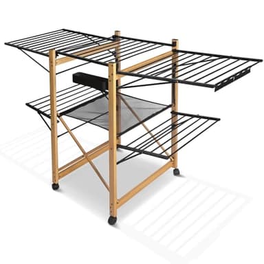 VOUNOT® Séchoir à Linge Deluxe Grande Capacité avec Roulettes et Maille Etendoir Extensible Pliable Multifonction Imitation Bois 30m de Séchage pour Usage Intérieur 180x105x61cm Noir
