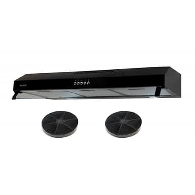 Hotte casquette visière BELDEKO RIVAGE 90 cm – Noir – Double moteurs 200 W – Débit jusqu’à ~438 m³/h – 3 vitesses – Filtres métalliques lavables + charbon – Évacuation ou recyclage – Marque française