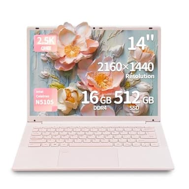 LONGEVINCE Ordinateur De 14,1 Pouces, Processeur Celeron N5105,Déverrouillage des Empreintes Digitales, Clavier Rétroéclairé,Caméra Push-Pull,Type-C, USB3.0 * 3, WiFi/BT 5.0 (Rose,16G+512GB SSD)