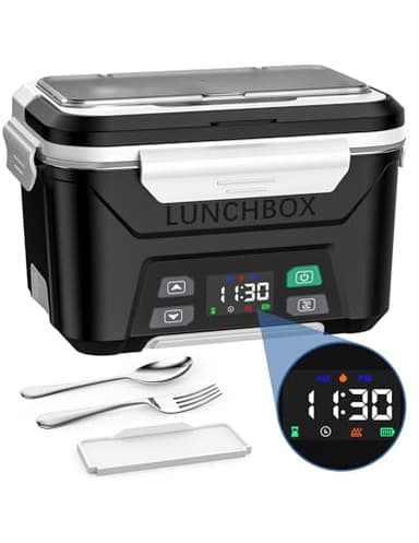Docusvect Gamelle Chauffante avec Batterie, Lunch box Chauffante avec Chauffage Programmable, Lunch Box Adulte de 1,3 L, Boite Chauffante Repas à Séparateurs Amovibles, Couverts et Sac Isotherme