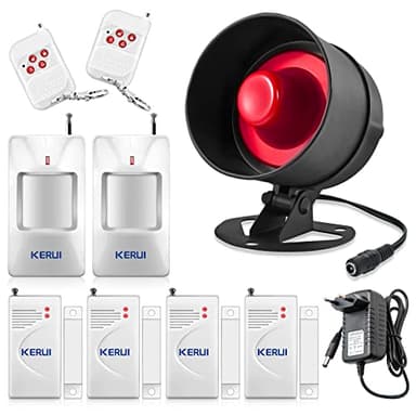 Alarme Maison sans Fil 115dB Super Fort - Kit avec 4 Détecteurs Porte/Fenêtre, 1 Sirène, 2 Télécommandes, 2 Détecteurs de Mouvement - pour Maison, Garage, Camping-Car