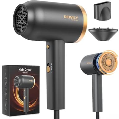 DEWILY Sèche-cheveux ionique avec diffuseur - 1800W Séchage rapide, bouton chaud/froid, 3 températures, 2 vitesses, concentreur, fonction pour boucles,diffuseur thermostatique,Or et Noir