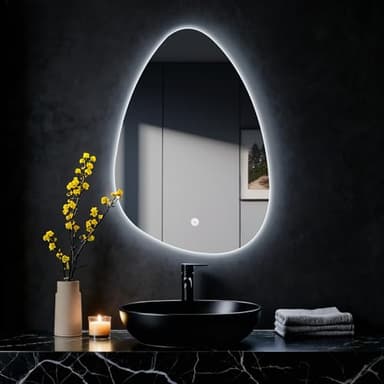 MYGIIVOVO Miroir de salle de bain rond mural, miroir de salle de bain avec éclairage, miroir avec lumière LED, commutateur tactile et intensité variable en 3 couleurs (goutte d'eau, 60L x 40B cm)