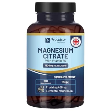 Gélules de citrate de magnésium 1500 mg avec vitamine B6 | 120 gélules végétaliennes | 450 mg de magnésium élémentaire | Gélules et non comprimés | Fabriqué au Royaume-Uni par Prowise
