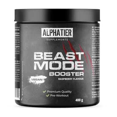 Alphatier Beastmode Pre-Workout Booster Raspberry - hautement dosé + vegan - caféine citrulline L-arginine creapure ß-alanine bétaïne HCL Framboise 400 g