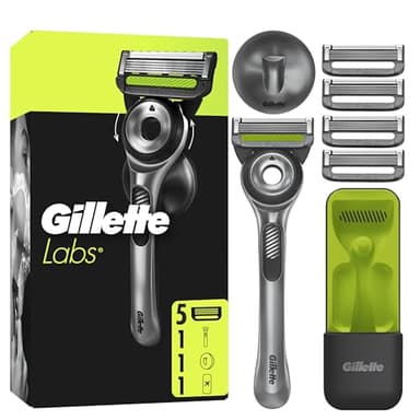 Gillette Labs Rasoir Manuel Homme, Rasage Avec Barre Exfoliante, Manche Réutilisable Et 5 Cartouches De Recharge A 5 Lames, Etui De Voyage Pour Un Rangement Pratique, Support Mural Magnétique