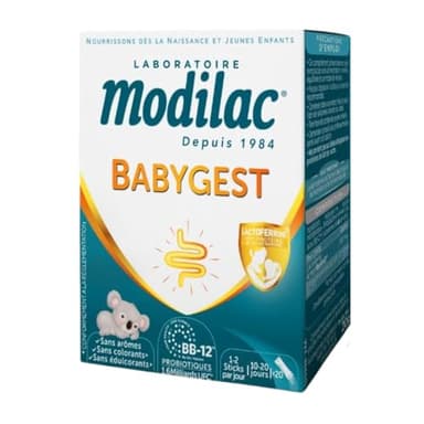 Modilac - Babygest, Complément Alimentaire pour Bébé - Compatible Lait Infantile et Lait Maternel - Probiotique et Lactoferrine* - Dès la Naissance - 20 Sticks de Poudre à Diluer