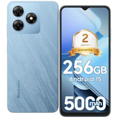 Blackview Smartphone Android 14(2025), 256Go + 12(4+8) Go, 2To TF, 6,56" 90 Hz, Téléphone Portable Octa-Core, 5000 mAh, Fingerprint/Face ID/FM/OTG/GPS/Prise Jack 3,5 mm/Double SIM