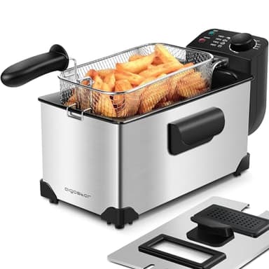 Aigostar Ushas Friteuse, 2200W, 3L Capacité, Jusqu'à 4-5 pers, Température réglable, Cuve amovible pour vider l'huile,Couvercle avec fenêtre pour contrôler la friture, 100% sans BPA, Inox