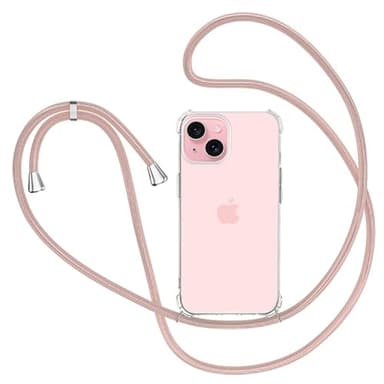 XTCASE Coque pour iPhone 15 avec Cordon, Etui avec Collier - Tour de Cou Lanière en Corde - Transparente Silicone Housse avec Cordage Lanyard Case, Or Rose