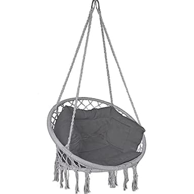 VOUNOT® Fauteuil Suspendu à Franges avec Coussins de Siège Confortables et Kit de Suspension Durable Ø80cm Chaise Balançoires pour Intérieur et Extérieur Siège Suspendu Gris