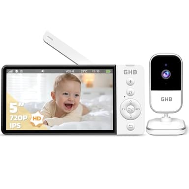GHB Babyphone Camera 5" Camera Bebe Surveillance 720P HD 5000mAh Écran IPS VOX Capteur de Température Zoom 4X 8 Berceuses Bidirectionnel Volume Réglable sans WiFi