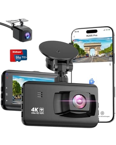 Dashcam Voiture 4K, Camera Voiture WiFi avec Écran IPS 3", Contrôle par Application, Dash Cam avec Grand Angle 170°+140°,Vision Nocturne, G-Sensor