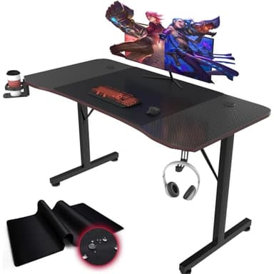 Devoko Bureau Gaming 140 x 60cm, Grande Surface de Table Gaming Ergonomique,Stable Bureau Gamer en Forme de T avec Rangement pour Câbles, Crochet pour Casque, Porte-Gobelet et Tapis de Souris