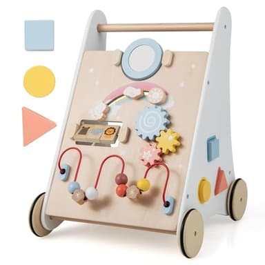 FANTASK Trotteur 7 en 1 en Bois, Trotteur avec boîte de Rangement en Blanc, Montessori Baby Walker avec Plateau de Jeu, Miroir et Blocs de Construction, garçons et Filles à partir de 1 an
