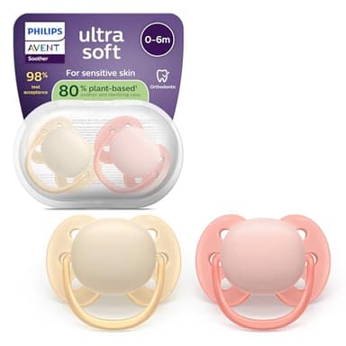 Philips Avent Sucettes ultra-douces - Tétines orthodontiques, pour bébés de 0 à 6 mois, collerette souple,en silicone souple d'origine végétale, sans BPA, lot de 2, SCF091/38