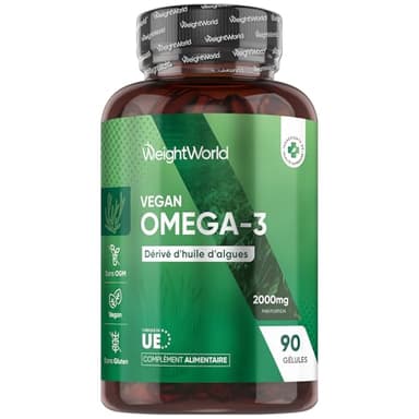 Omega 3 Vegan Huile d'Algues en Gelules 2000mg Omega 3 Dha Epa 90 Gélules Molles Alternatives Vegan à l'Huile de Poisson (Fish Oil) et Huile de Krill sans OGM sans Gluten sans Lactose