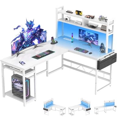 Devoko Bureau Gaming avec LED 160 x 120 cm, Bureau d'angle Gaming avec 2 Prises de Courant et 2 Ports USB, Bureau Informatique avec Etageres de Rangement, Structure en Acier, Blanc