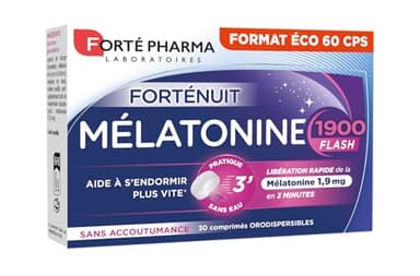Forté Pharma - Melatonine 1900 Flash - Melatonine 1,9 mg, Action rapide - Complement alimentaire Sommeil pour dormir, nuits blanches - Gaba, plantes - Format éco - 60 comprimés orodispersibles, 1/jour