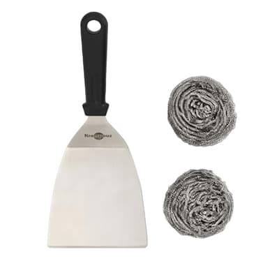 KRAMPOUZ Kit Complet de Nettoyage pour Plancha en Inox - 1 Spatule Coudée en Inox et 2 Boules Inox - Nettoyer Rapidement et Sans Effort les Planchas - Réf AKN1