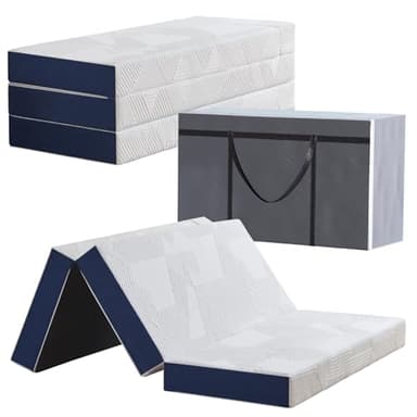 Hiimgo Matelas pliant 140 x 200 x 15 cm, 4 pièces, pliable, avec housse amovible, pour voyage, camping, lit d'invité (blanc et bleu)