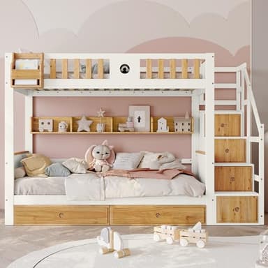 YESGIGA Lit superposé avec escalier, lit pour enfant avec 4 casiers dans l'escalier, avec grille de protection anti-chute et 2 tiroirs, 90 x 200 cm