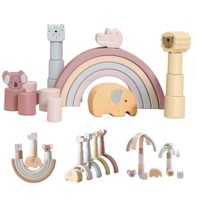 Smartwo Jeux Montessori en Bois Bebe 1 an, Jouet à Empiler Arc-en-Ciel Pastel, Bloc Motricité Fine Bébé, Jeu de Construction Enfant, Jeux Empilable Bebe, Cadeau Fille Garcon 1 2 3 Ans, 21PCS