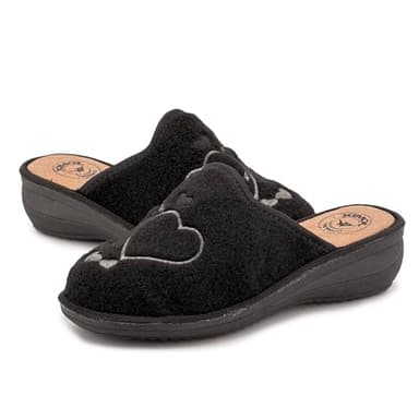 JOMIX Pantoufles Femme Hiver à Talon Compensé Chaussons Confort Mule d’Intérieur Effet Feutré Embout Fermé Semelle Antidérapante Motif Cœur Made in Italy ITD2412 Noir 38