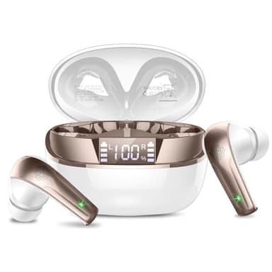Ecouteurs Bluetooth sans Fil, Ecouteurs Bluetooth 5.4 Stéréo HiFi avec ENC Réduction de Bruit Mic, 48H de Lecture Oreillette sans Fil, IP7 Étanches Casque pour iOS Android, Contrôle Tactile, Or Blanc