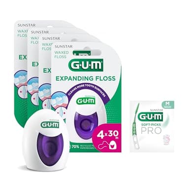 GUM EXPANDING FLOSS | élimine plaque dentaire des espaces interdentaires | se dilate dans les espaces interdentaires plus larges | idéal pour gencives et dents sensibles | 4x30m (+1 bonus offert)