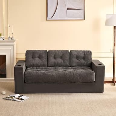 Litbird canapé 3 Places 190 cm pour Salon, Petit canapé Confortable sans Structure, avec Coussins et accoudoirs, Double Porte-gobelets, Tissu côtelé, sans Montage, Gris