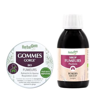 HerbalGem Sirop Fumeurs BIO, pour le Bien-être respiratoire du fumeur 250 ml BIO + Gommes gorge pour fumeurs 45GR