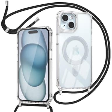 ZYIMOU Coque pour iPhone 15 avec Cordon Compatible avec MagSafe, Housse Magnétique Transparente Étui avec Collier Réglable Résistant Silicone Case, Chaîne Noir