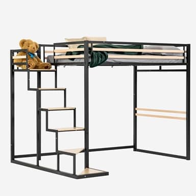 Meuble Cosy Lit Mezzanine 2 Places 140x200cm avec Sommier à Lattes en Bois d'ingénierie et métal, Style Industriel, pour Adulte Enfant Chambre à Coucher Maison, Chêne