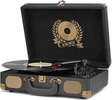 Mersoco Lecteur de disques vinyles Bluetooth 3 Vitesses Portable Classique, Sortie numérique USB, Vinyle numérique vers MP3, Haut-parleurs intégrés, RCA Line Out AUX sur Prise Casque Classique, Noir